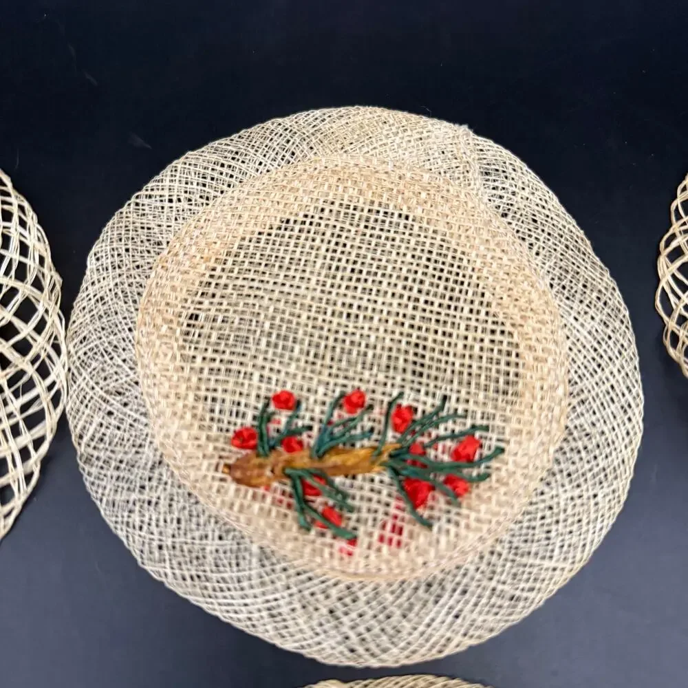 Vintage 6 Rattan Straw Lace Coasters Woven Flowers Floral